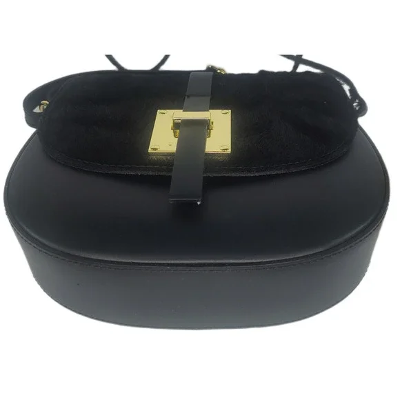 Charlie Leather Mack Black Leather & Black Fur Small Half Moon Crossbody Bag-NWT - Picture 7 of 12